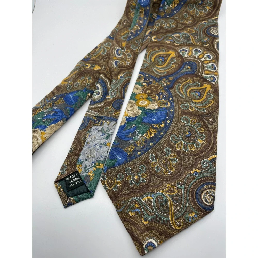 Bert Pulitzer Silk Tie Men Brown Blue Floral Paisley Made in USA Classic Necktie